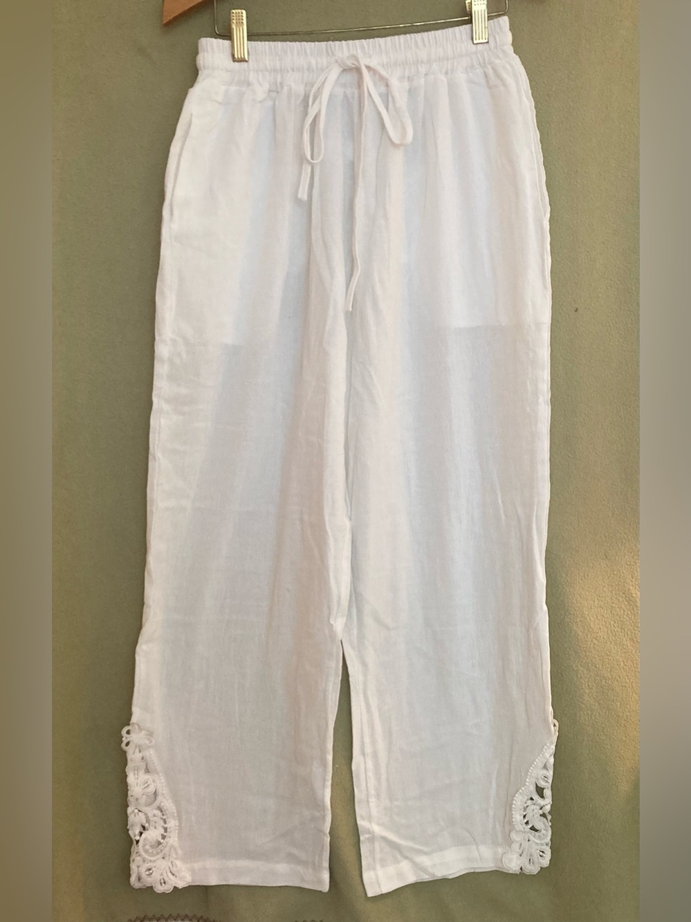 White Crochet Hem Drawstring 100% Cotton Pants Size M